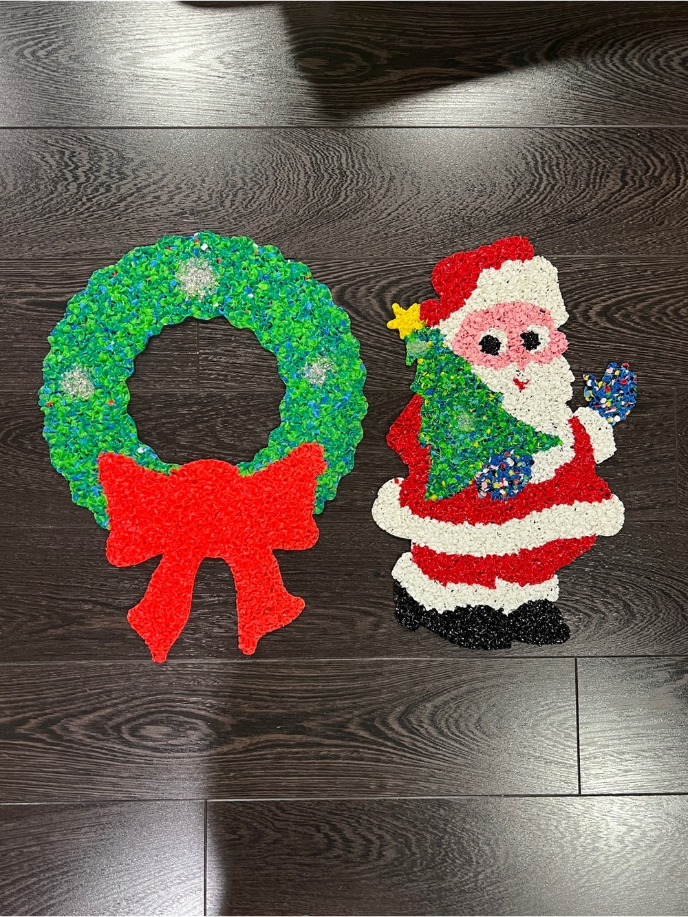 Vintage Melted Plastic Popcorn Santa w/ Christmas Tree  & Wreath Decor set of 2